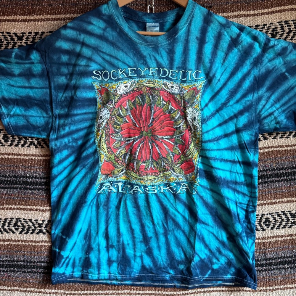 Gildan Sockeyedelic Ray Troll TShirt XL Blue Tie Dye Alaska Salmon Salmon Tee